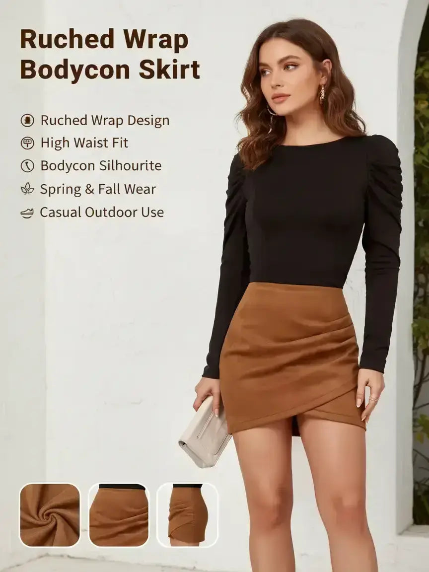 Women'S Solid Ruched Wrap Bodycon Fitted Short Length Skirt, Womenswear Fashion Chic Casual High Waist Skirt for Daily Outdoor Wear, Women'S Bottoms for Spring & Fall, Bodycon Skirts, High Waisted Skirts, Casual Fashionable Skirt