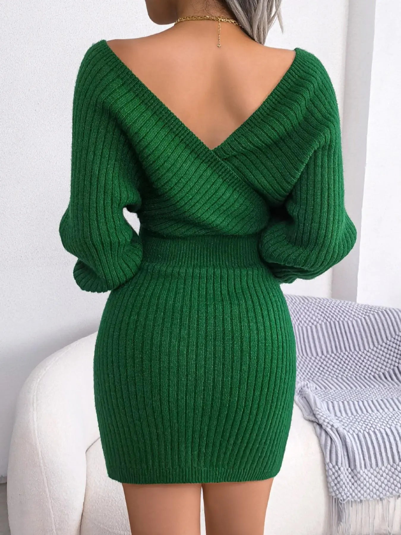 Women'S Plain Solid Wrapped V Neck Leg-Of-Mutton Sleeve Sweater Dress, Slim-Fit Long Sleeve Bodycon Jumper Dress, Womenswear