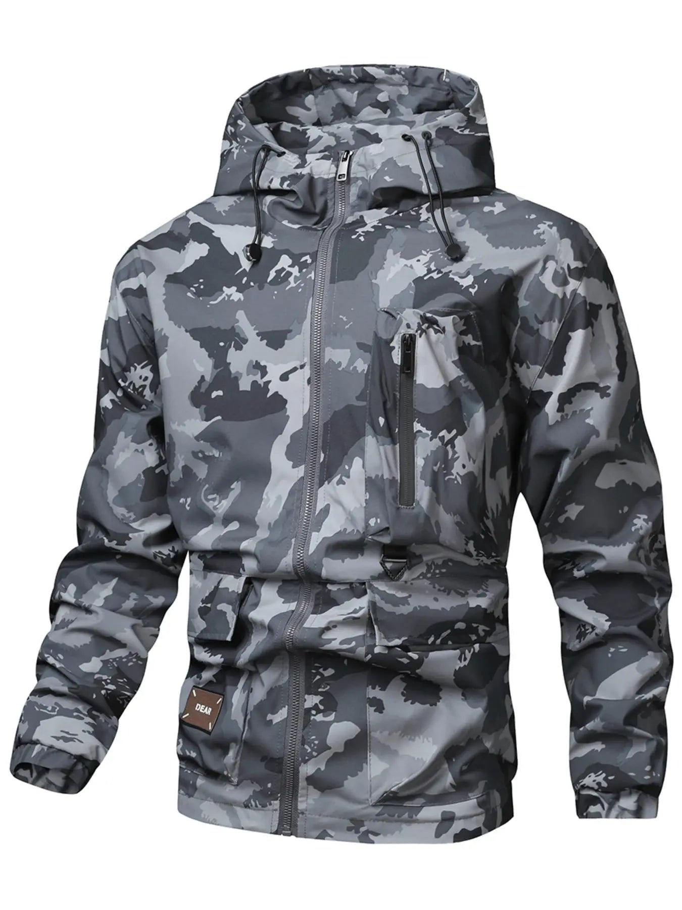 Men'S Camo Print Zip up Drawstring Hooded Jacket, Regular Fit Casual Waterproof Long Sleeve Pocket Outerwear, Men'S Fall & Winter Clothes