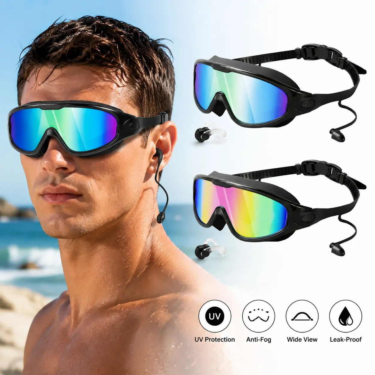 2 Pack Swim Goggles for Adults & Kids, Wide Frame Silicone Swimming Accessories with Anti-Fog UV Protection, Waterproof Anti-Leak Design, Goggles Swimming, Adult/Kids, Underwater Swim Sports Eyewear, Water Safety Sports Eyewear