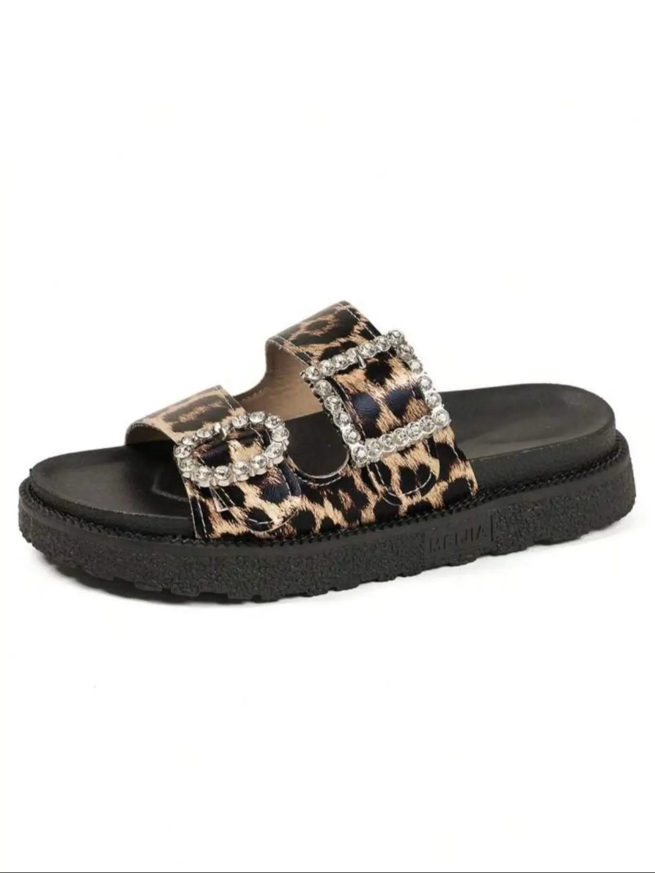 Leopard Print Rhinestone Buckle Open Toe Thick Sole Sandals, Casual Beach Flat Shoes, Comfortable Summer Street Style Slip-Ons, Trendy Sandals, Pu Leather Sandals, Leopard Print Slides