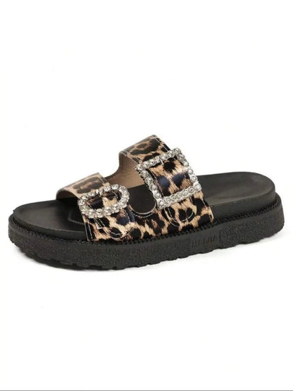 Leopard Print Rhinestone Buckle Open Toe Thick Sole Sandals, Casual Beach Flat Shoes, Comfortable Summer Street Style Slip-Ons, Trendy Sandals, Pu Leather Sandals, Leopard Print Slides