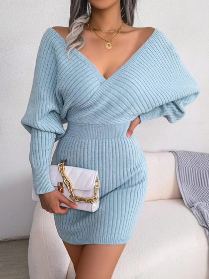 Women'S Plain Solid Wrapped V Neck Leg-Of-Mutton Sleeve Sweater Dress, Slim-Fit Long Sleeve Bodycon Jumper Dress, Womenswear