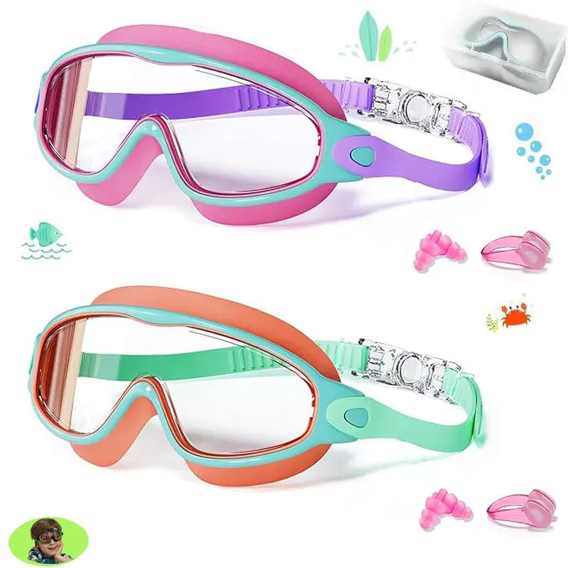 2 Pack Swim Goggles for Adults & Kids, Wide Frame Silicone Swimming Accessories with Anti-Fog UV Protection, Waterproof Anti-Leak Design, Goggles Swimming, Adult/Kids, Underwater Swim Sports Eyewear, Water Safety Sports Eyewear