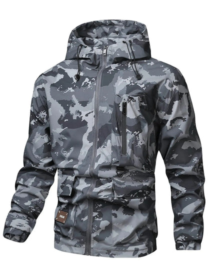 Men'S Camo Print Zip up Drawstring Hooded Jacket, Regular Fit Casual Waterproof Long Sleeve Pocket Outerwear, Men'S Fall & Winter Clothes