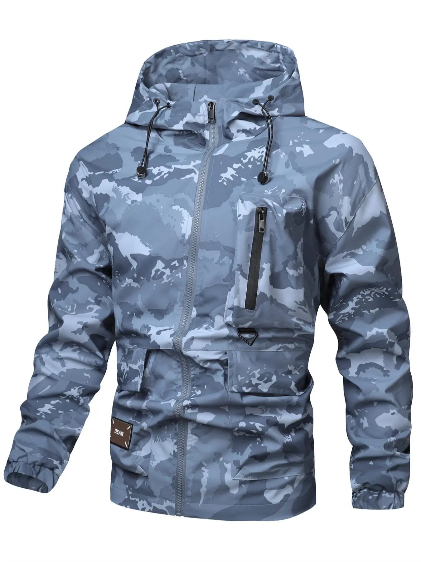 Men'S Camo Print Zip up Drawstring Hooded Jacket, Regular Fit Casual Waterproof Long Sleeve Pocket Outerwear, Men'S Fall & Winter Clothes