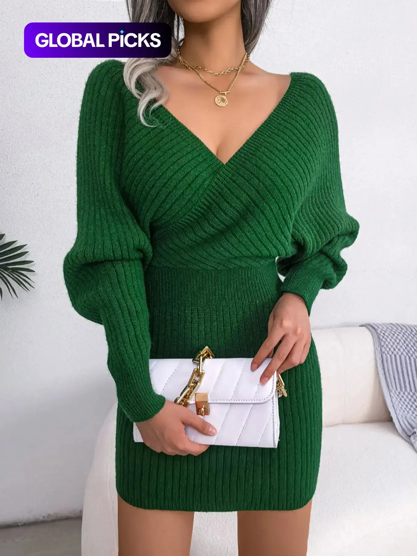 Women'S Plain Solid Wrapped V Neck Leg-Of-Mutton Sleeve Sweater Dress, Slim-Fit Long Sleeve Bodycon Jumper Dress, Womenswear