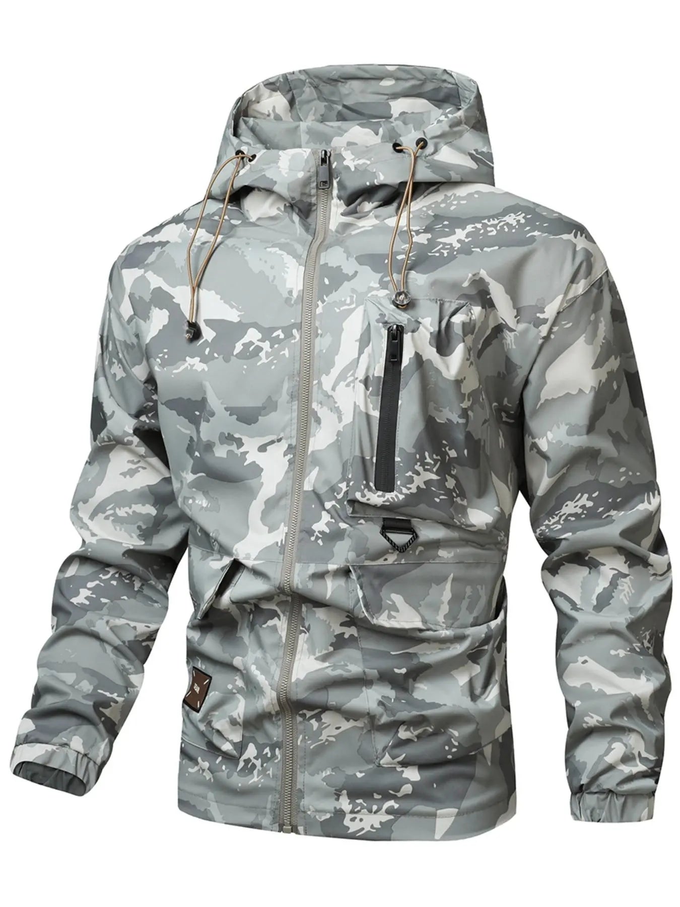 Men'S Camo Print Zip up Drawstring Hooded Jacket, Regular Fit Casual Waterproof Long Sleeve Pocket Outerwear, Men'S Fall & Winter Clothes