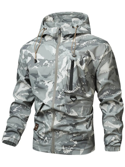 Men'S Camo Print Zip up Drawstring Hooded Jacket, Regular Fit Casual Waterproof Long Sleeve Pocket Outerwear, Men'S Fall & Winter Clothes
