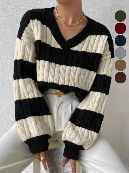 Women'S Cable Knit Color Block Striped V Neck Loose Oversized Baggy Fit Sweater Knitwear, Casual Long Sleeve Drop Shoulder Jumper Pullover Tops for Autumn & Winter, Korean Aesthetic Style Clothes Womenswear