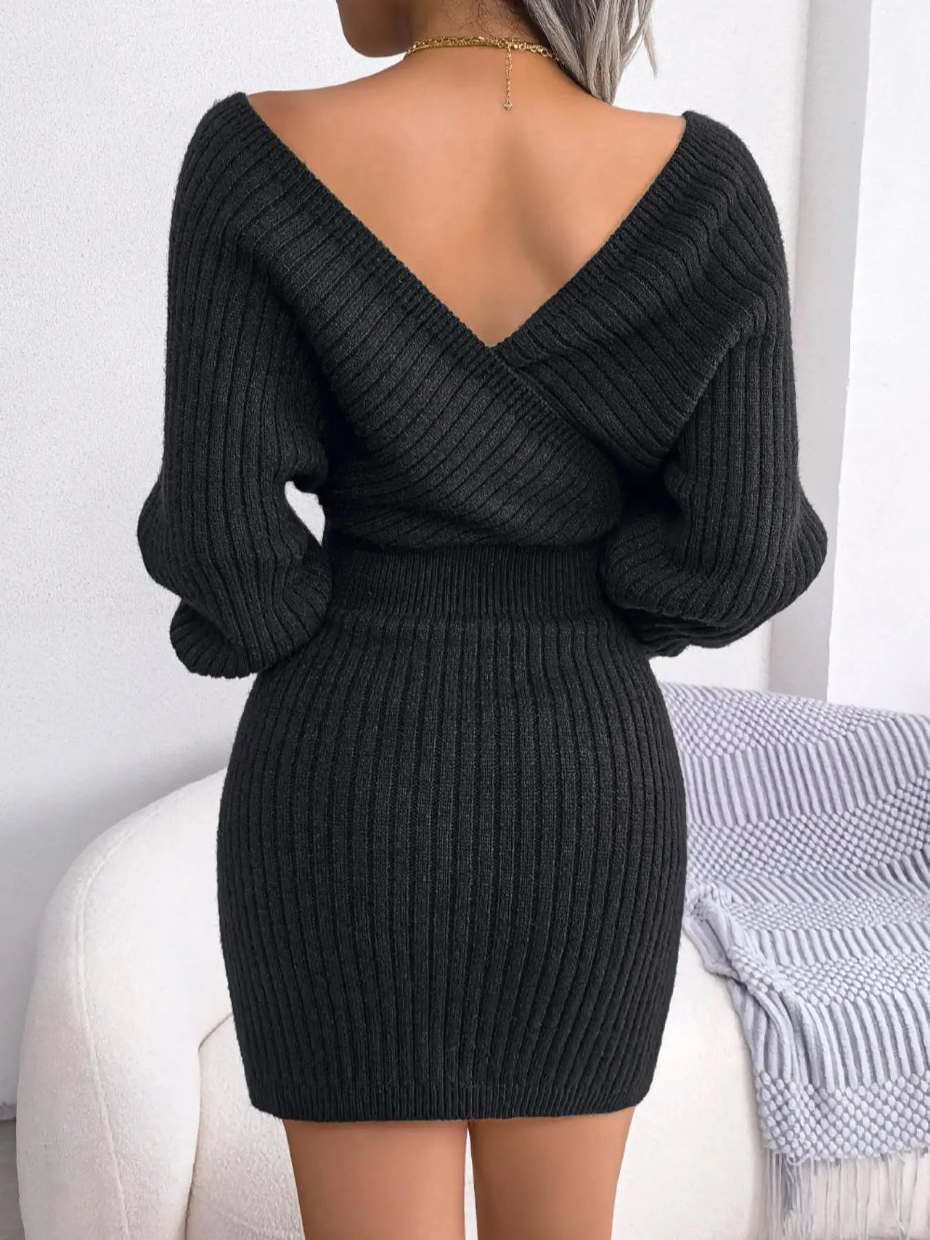 Women'S Plain Solid Wrapped V Neck Leg-Of-Mutton Sleeve Sweater Dress, Slim-Fit Long Sleeve Bodycon Jumper Dress, Womenswear