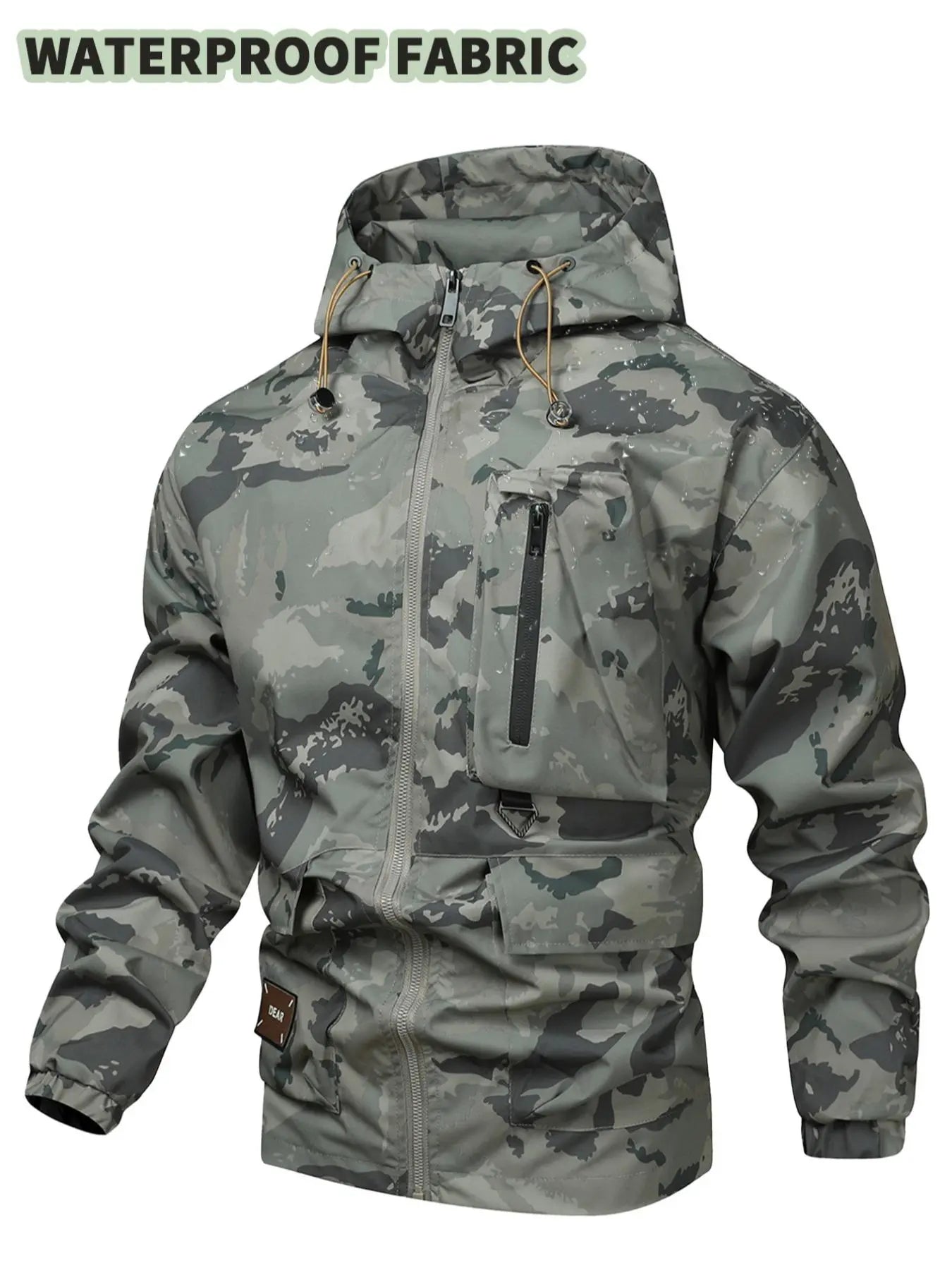 Men'S Camo Print Zip up Drawstring Hooded Jacket, Regular Fit Casual Waterproof Long Sleeve Pocket Outerwear, Men'S Fall & Winter Clothes