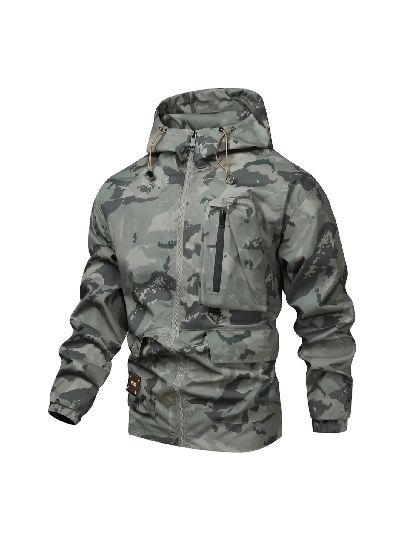Men'S Camo Print Zip up Drawstring Hooded Jacket, Regular Fit Casual Waterproof Long Sleeve Pocket Outerwear, Men'S Fall & Winter Clothes