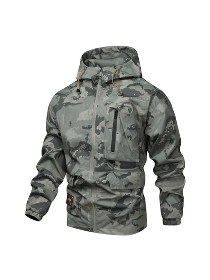 Men'S Camo Print Zip up Drawstring Hooded Jacket, Regular Fit Casual Waterproof Long Sleeve Pocket Outerwear, Men'S Fall & Winter Clothes