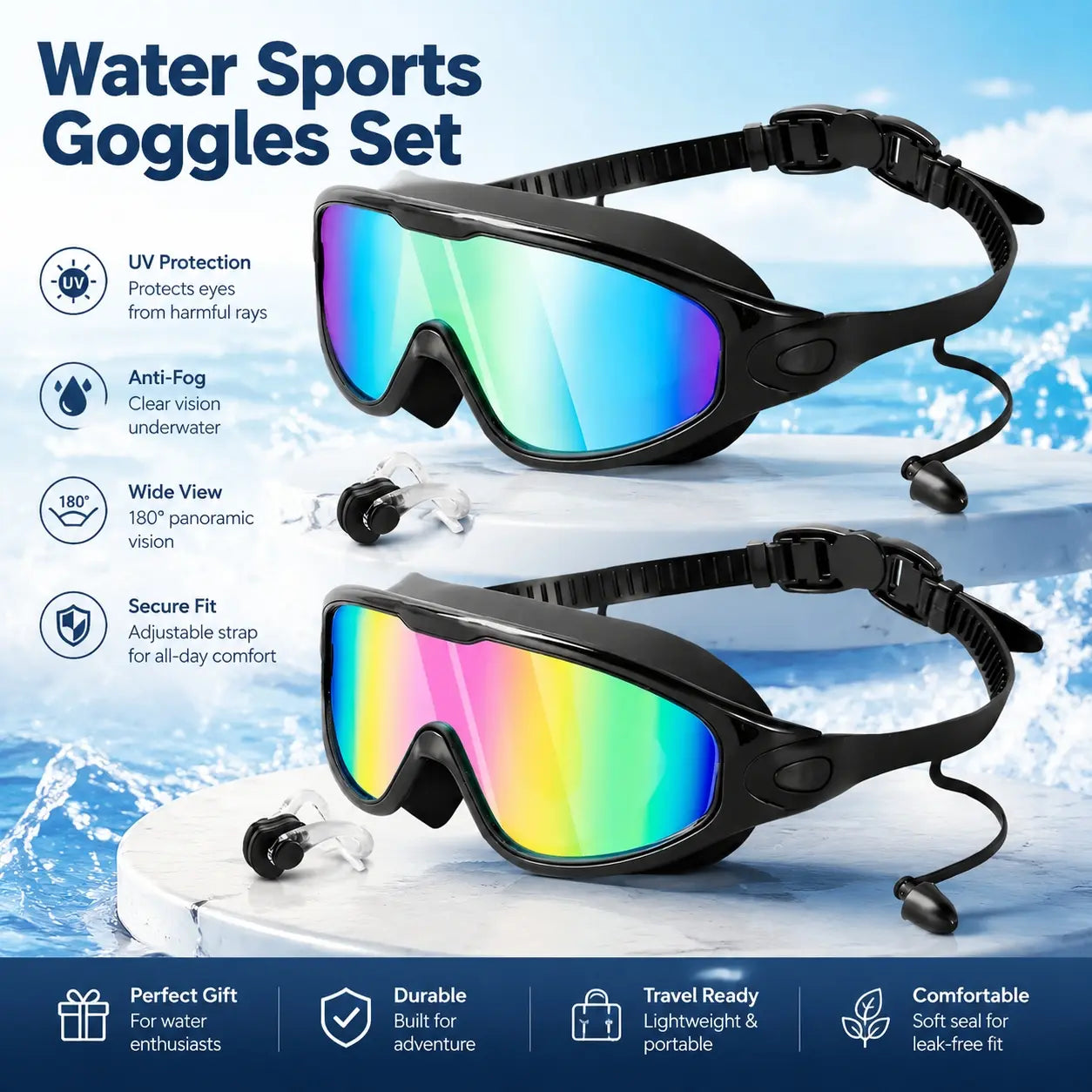 2 Pack Swim Goggles for Adults & Kids, Wide Frame Silicone Swimming Accessories with Anti-Fog UV Protection, Waterproof Anti-Leak Design, Goggles Swimming, Adult/Kids, Underwater Swim Sports Eyewear, Water Safety Sports Eyewear